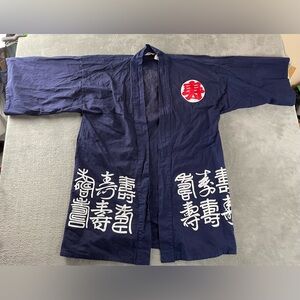 Vtg Maruky Kyoto Tokyo Kimono Open Robe Blue with Japanese Writing Adult •hole